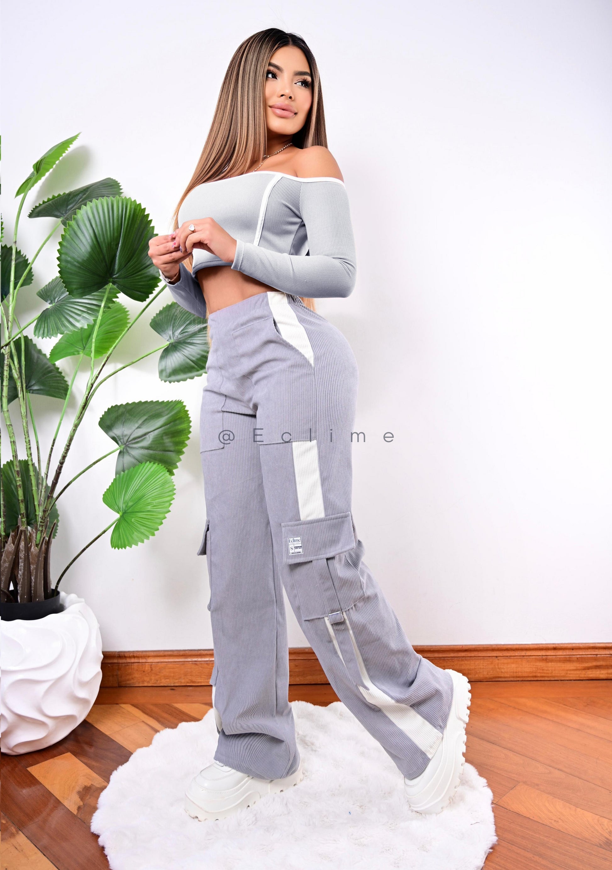 Pantalón Bicolor - Gris Perla